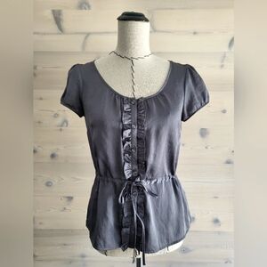 H&M Gray Silky Ruffled Blouse with Drawstring Waist size 6